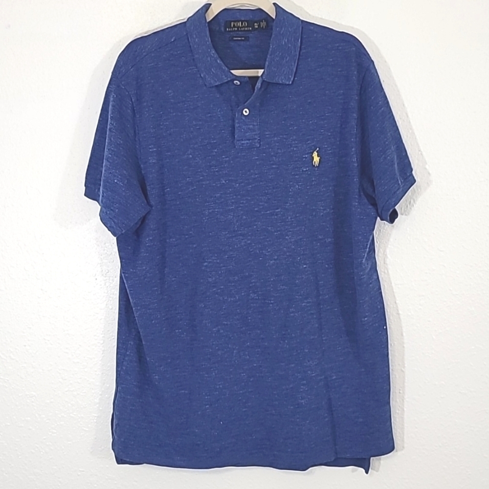 POLO RALPH LAUREN Men's Blue Polo Short Sleeve Custom Fit Yellow Logo, size XL